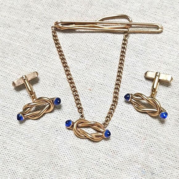Vintage Swank 30s Blue Glass Tipped Gold Filled Cufflinks Tie Clip Set - Picture 2 of 9